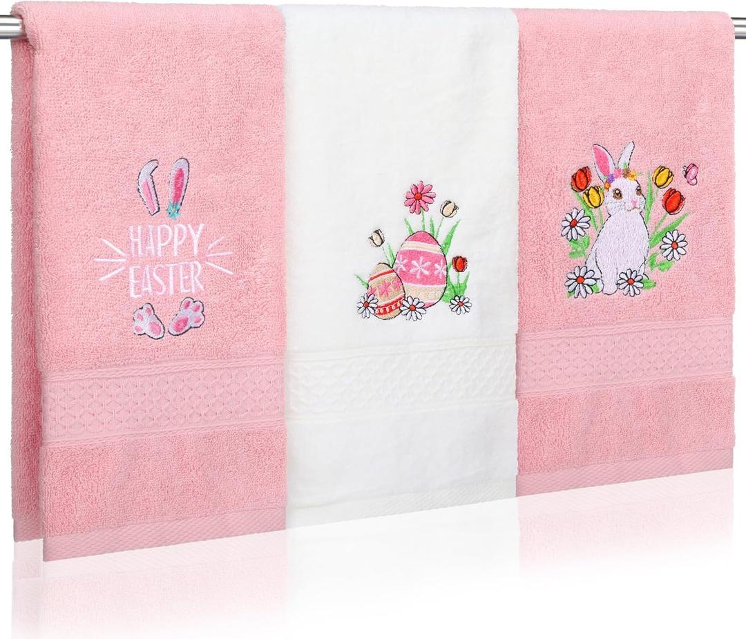 Breling 3 Pcs Easter Bunny Eggs Hand Towels for Bathroom 100% Cotton Happy Easter Bath Towel Decorations Soft Embroidered Home Decoration for Spring Gift Accessories, 13.3'' x 29''