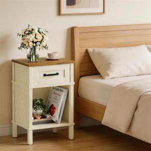 White Farmhouse Nightstand with Drawer, Small Wooden Bedside Table, White End Table, Bedroom Side Table with Storage, Rustic Wood Night Stand LET512WR