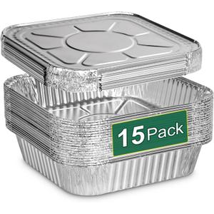 8x8 Inch Disposable Aluminum Foil Pans with Lids (15 Pack) - Heavy-Duty Baking Trays for Air Fryer, Oven- Reusable & Leakproof Design
