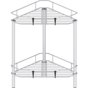 2 Tier Floor Standing Corner Shower Caddy Organizer Shelf with Hooks, Bathroom Shelves Stand Rack, Silver