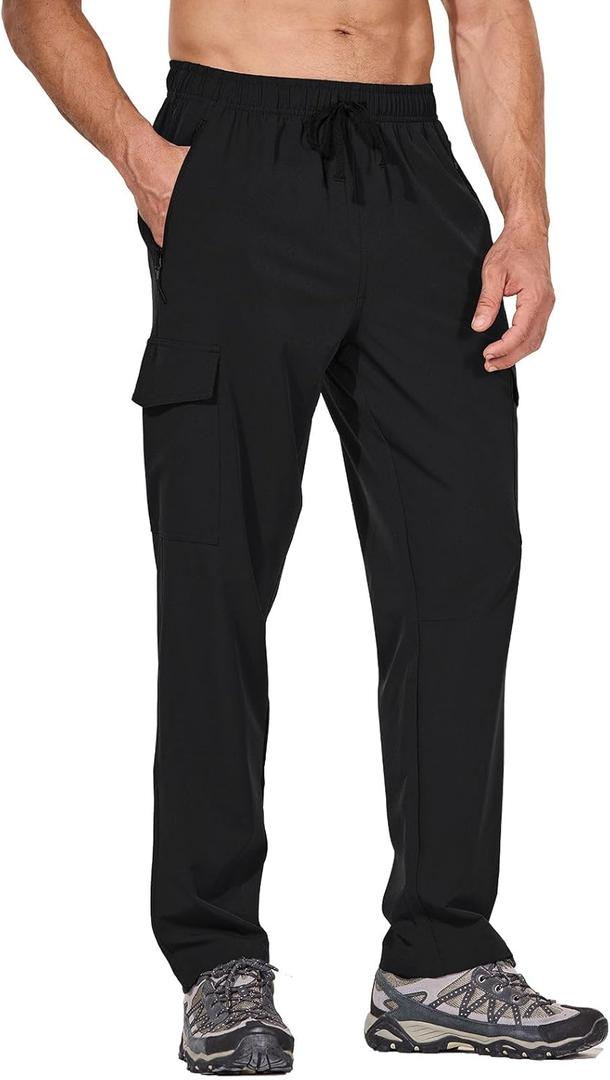baleaf Men's Hiking Pants Water Resistant Cargo Quick Dry Travel Elastic Waist with Zip Pockets UPF 50+ for Work Running (Large, Black)
