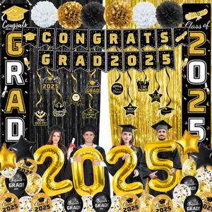 Graduation Decorations Class of 2025, Black and Gold Graduation Decorations Include Banner, Hanging Swirls, Porch Sign, Foil Fringe Curtain, Paper Pompoms, Balloons, Foil Number 2025