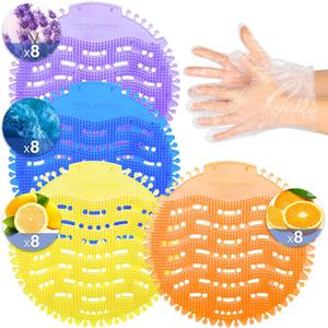 32 PACK Urinal Deodorizer Screen with 100 Gloves-3D Wave Anti-Splash Odor Protection Urinal Cakes for Men Toilets, Four Scents Urinal Mats