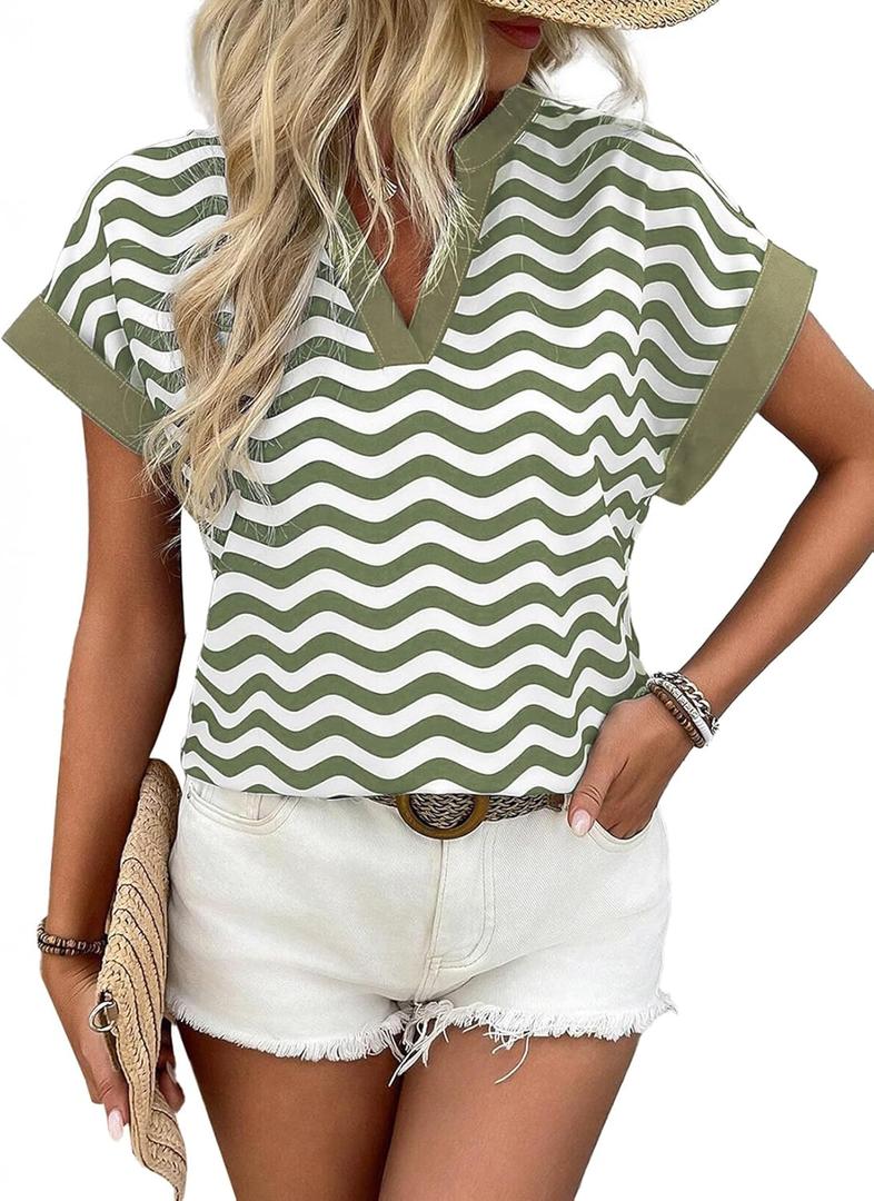 2 x SHEWIN Womens Shirts Ladies Tops and Blouses Short Sleeve V Neck T Shirts Womens Spring Fashion 2025 (S)