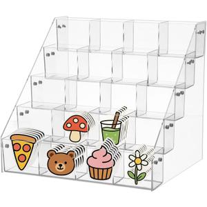 OMISTAR 5-Tier Sticker Acrylic Display Stand, Clear Sticker Holder with 20 Pockets, 4 in Large Sticker Holder Organizer, Storage Container for Trading Cards, Pins, Business Cards, Vendor Display Rack