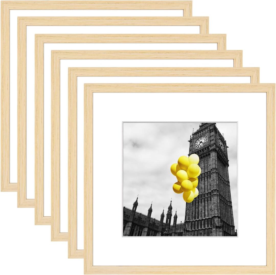 12x12 Picture Frame Set of 6, Display Pictures 8x8 with Mat or 12x12 Without Mat, Tabletop Display and Wall Hanging Photo Frame, Gallery Wall Frame Set, Natural Wood Color