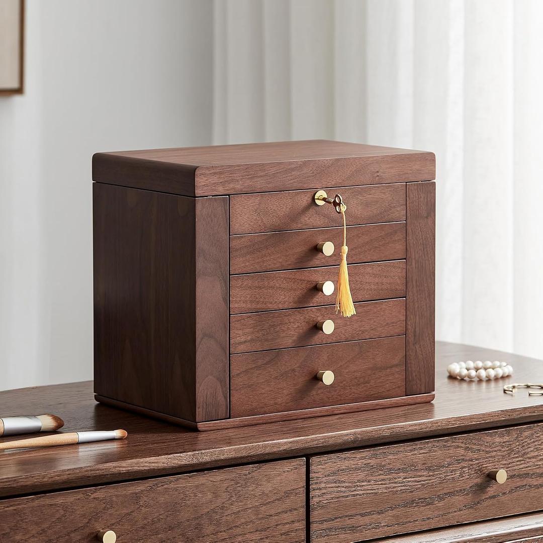 Black Walnut Wooden Jewelry Box Wood Jewelry Organizer with 2 Side Doors Mirror Lockable Classical Style for Watch Necklace Ring Earring Storage Mothers Day Gifts for Mom-5 Layer