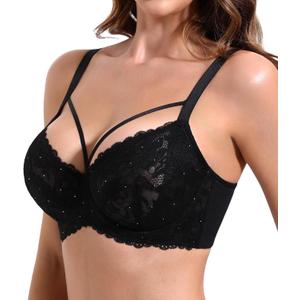 HACI See Through Bras for Women Sparkly Sexy Underwire Full Coverage Plus Size Unlined Lace (Black, 44DD)