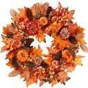 Sggvecsy Fall Wreath - 20'' Autumn Front Door Wreath with Pumpkin, Berries, Maple Leaves, Pine Cones for Indoor/Outdoor Decor