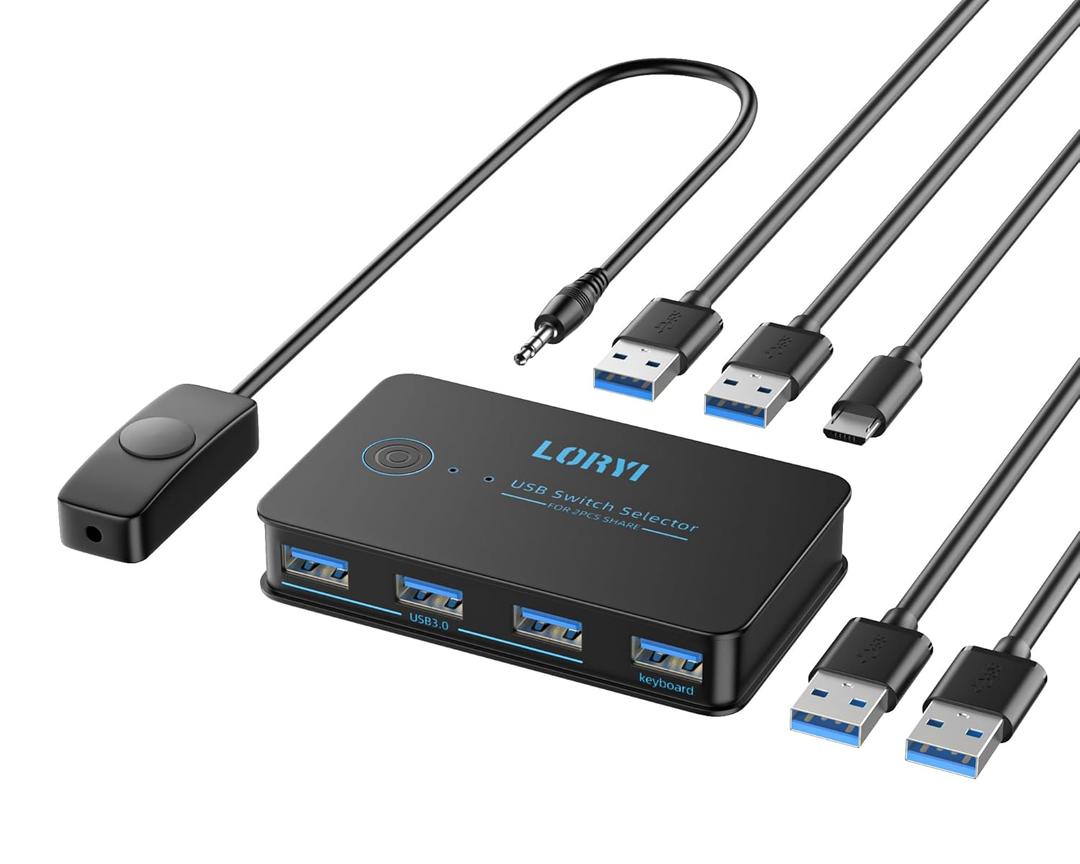 USB 3.0 Switch, USB Switcher 2 Computers Share 4 USB for Printer Keyboard Mouse, Scanner, USB KVM Switch Selector with 2 USB 3.0 Cables and Power Cable, Support Hotkey/Button/Wired Remote Switching