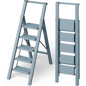 Mayi Plus 5 Step Ladder, Lightweight Folding Step Stool with Convenient Handgrip,Aluminum 330lbs Capacity Step Ladder for Office,Household,Kitchen,Library(Blue)