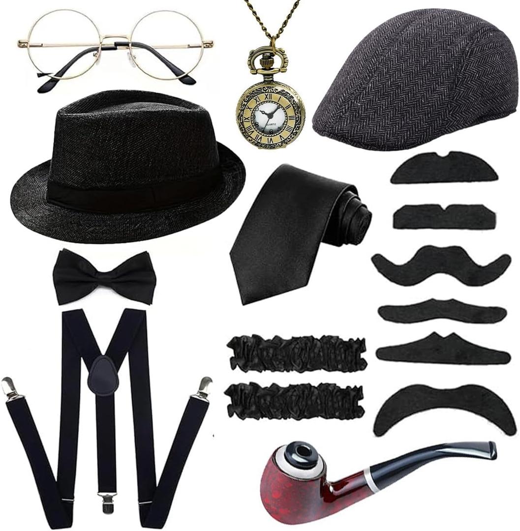 1920s Mens Costume Accessories Outfit Set Gangster Roaring 20s Costumes for Gatsby Party (Black)