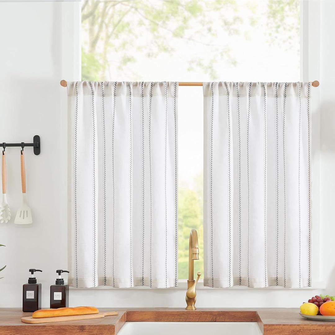 Jinchan Linen Striped Kitchen Curtains Tier Cafe Curtains for Living Room Bathroom RV 36 Inch Farmhouse Rustic Half Window Treatment Light Filtering 2 Panels Gray on White (Cottage Striped Grey)