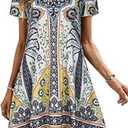 elescat Womens Summer Dresses Short Sleeve Loose Sundress Fashion Knee Length Dress with Pockets(White Bohemian, 3XL)
