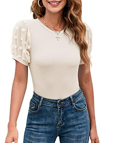 MIRALUNA Women's Summer Skinny Rib Body Suits Shirt Casual Swiss Dots Mesh Short Puff Sleeve Knitted Round Neck Jumpsuit Top Blouses Beige Large