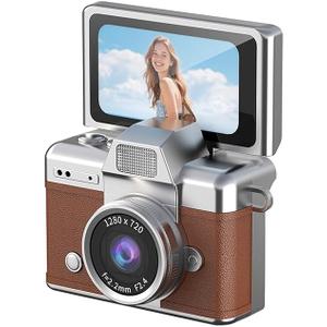 Mini Keychain Digital Camera with 180° Flip Selfie Screen - 1.47’’ HD Portable Camera 64GB SD Card for Vlog Pocket Travel Video Recorder, Easy to Use for Students Beginners (Brown)