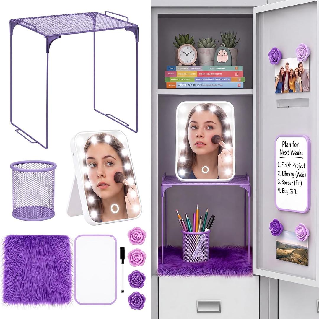 Crtiin 10 Pcs School Locker Organizer Set with Shelf and LED Mirror, Purple