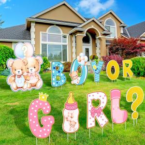 Amyhill 11 Pcs Bear Gender Reveal Yard Signs with Stakes Baby Shower Decorations Gender Reveal Yard Letters Lawn Signs Boy or Girl Baby Shower Party Supplies, 10.63 inches x 12.2 inches