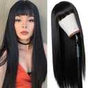 Long Straight Remy Hair Wigs Natural Black Heat Resistant Fiber Hair Full Machine Wig with Bangs Cosplay Party Wig For Fashion Women (24 Inch)