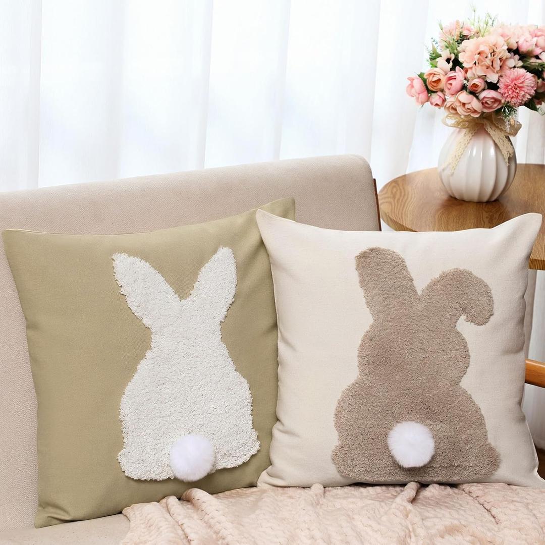 CroBlissful Tufting Easter Pillow Covers 18" x 18" Set of 2 Bunny Pillow Covers 3D Tufted Bunny Rabbit Throw Pillowcase Easter Decorative for Bedroom Sofa Home Decor(Beige,Linen)