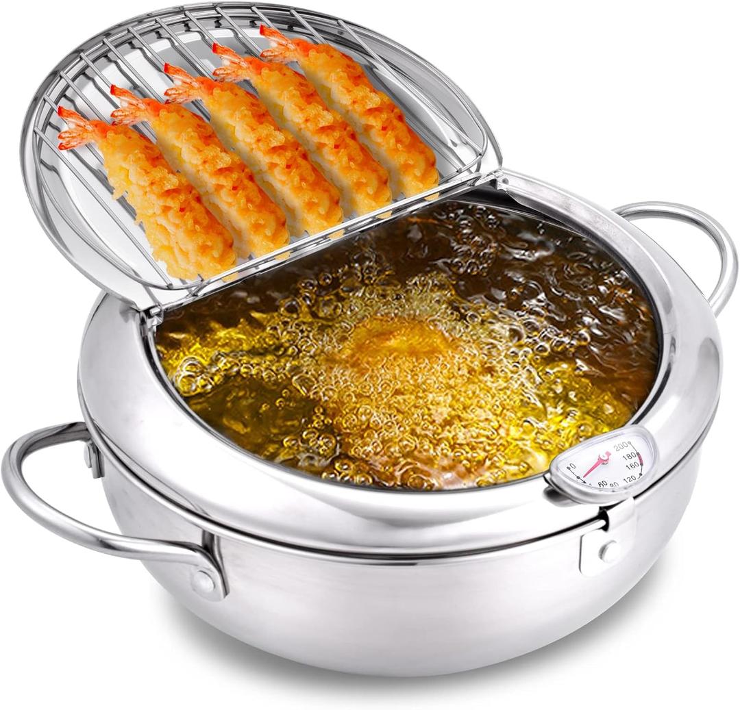 Deep Fryer Pot, 304 Stainless Steel Japanese Frying Pot with Oil Drain, Temperature Control and Lid, Tempura Deep Fryer Pot for Kitchen Stove/Induction Cooker French Fries Fryer Chicken 9.4"
