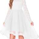 Arshiner Flower Girl Lace Tutu Dresses High Low Hem Long Sleeve Flowy Formal Party Wedding Dress (White, 165)