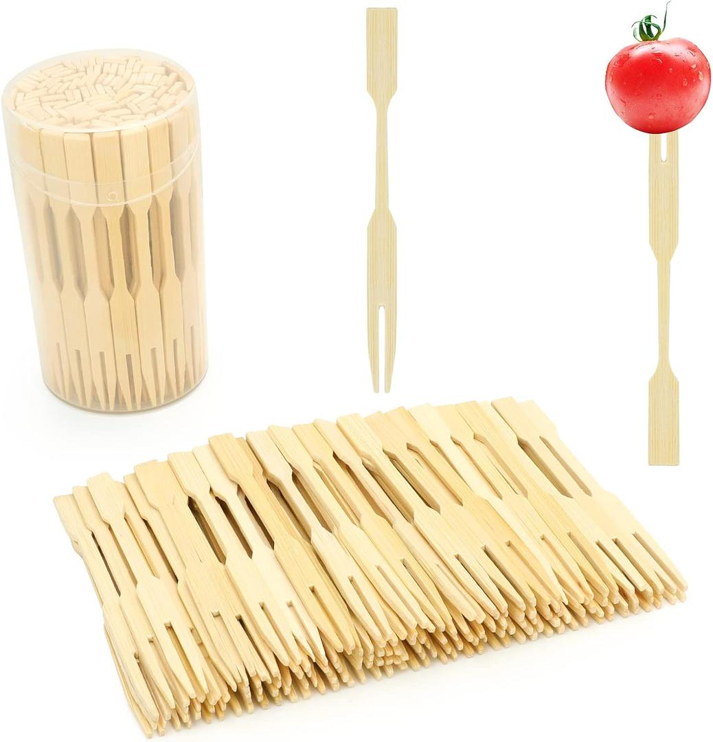Mini Bamboo Forks 3.5 Inches, Small Forks Dessert, Cocktail Forks, Double Prong Toothpicks for Appetizer, Disposable Wooden/Wood Food Picks for Charcuterie Board Accessories, 110 PCS