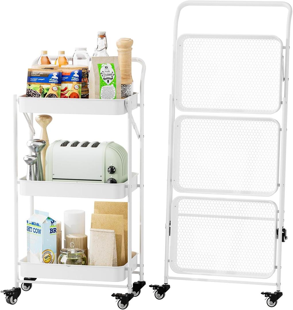 JAQ Foldable Rolling Cart, 3-Tier No Assembly Metal Utility Cart with Handle, Heavy Duty Folding Storage Trolley Organizer on Wheels for Kitchen, Office, Craft Art, Baby Diaper, Snacks, Books, White