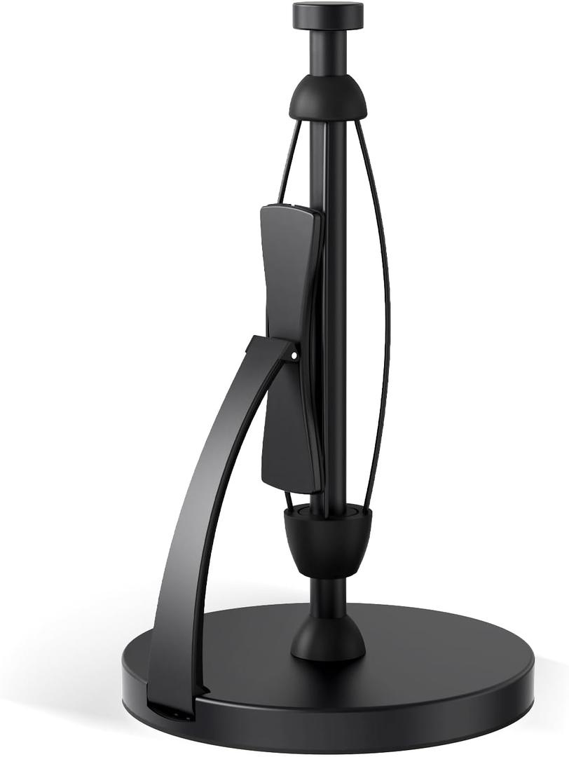 VEHHE Paper Towel Holder Countertop, Black Paper Towel Holder with Spring Activated Arm and Damping Effect, Simply Tear Paper Towel Stand for Bathroom and Kitchen (Black), Suction Base