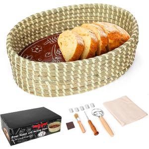 Bread Basket with Warming Stone with Cotton Cloths - Terracotta Bread Warmer Stone - 12.7 x 3.7 x 8.2 Inch Large Traditional Bread Warming Set - Gifts for Bakers Woman Hostess House Warming