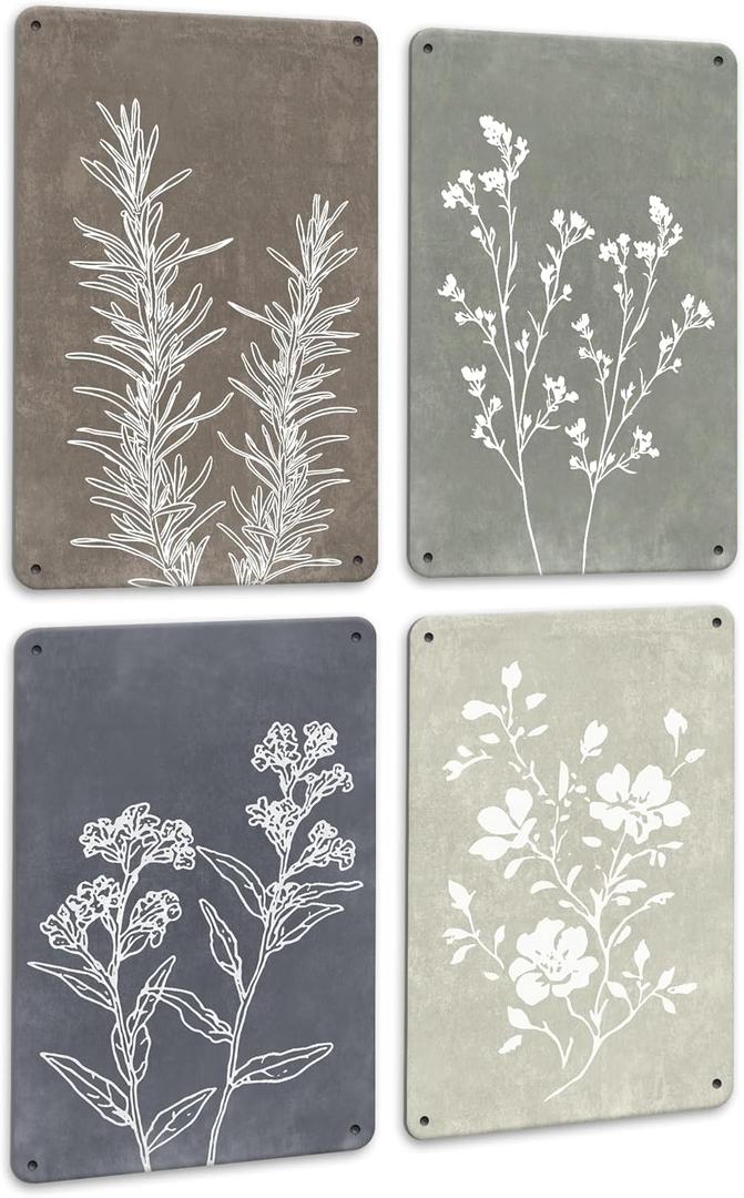 2 x Drsoum Boho Wall Metal Signs Set of 4 Vintage Botanical Prints Retro Plants Rustic Antique Decorative Signs for Bathroom Farmhouse Kitchen Home Decor 12x8in (12L" x 8W")