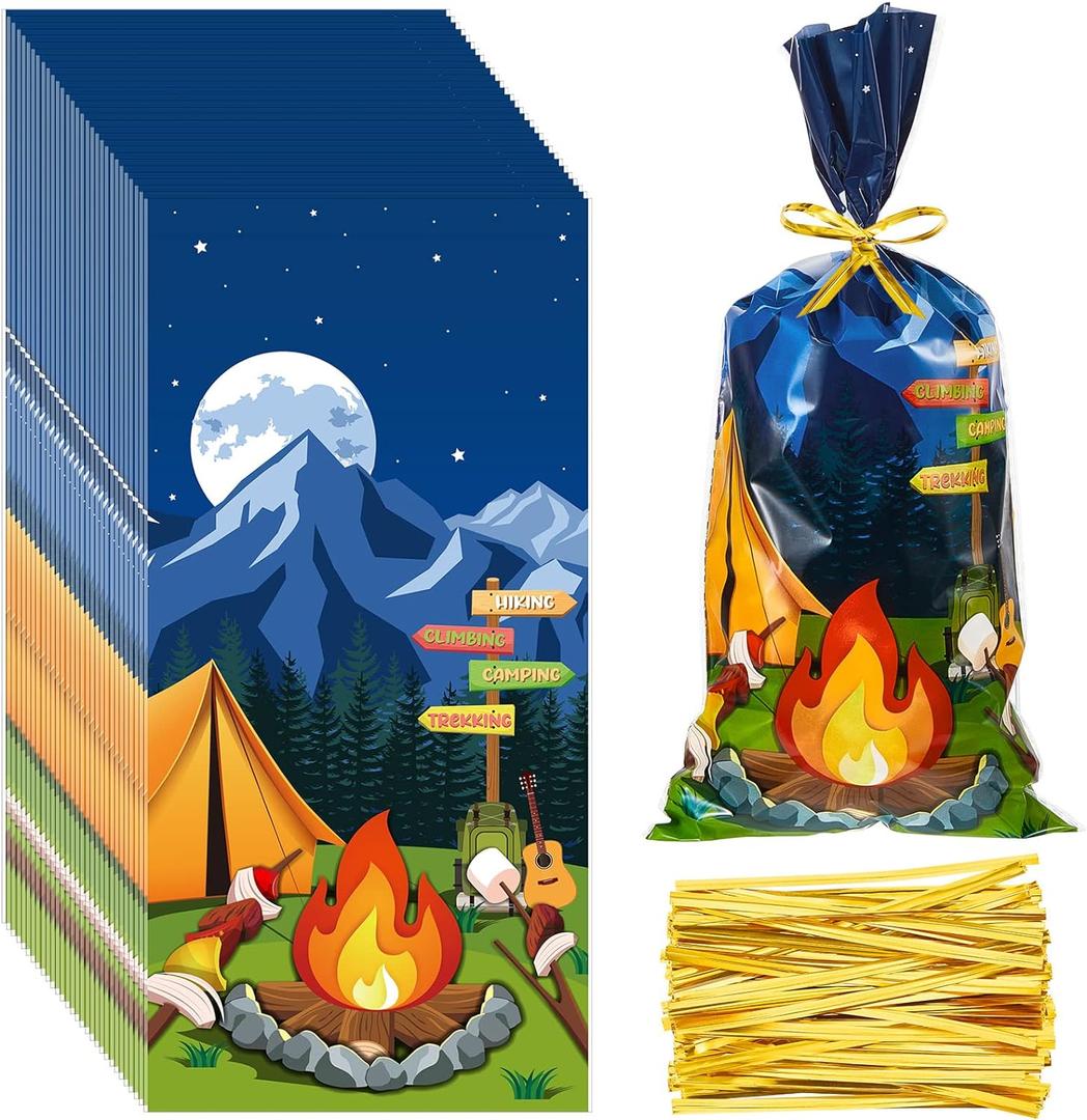 Gueevin 100 Pieces Cellophane Treat Bags Camp out Goodie Candy Favor Bags with 100 Pieces Twist Ties for Party Decorations Kids Birthday Party Baby Shower Supplies Gift Wrapping(Camping Pattern)