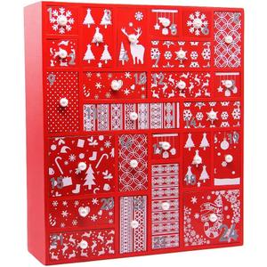 Juegoal Red Advent Calendar with 24 Drawers Countdown to Christmas, Refillable Wooden Advent, Christmas Gift for Children, 15 Inches Tall