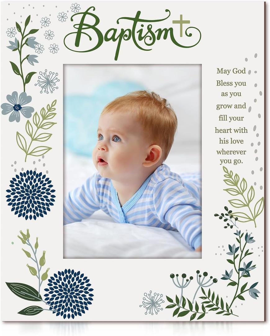 YLOLUL Baptism Picture Frame for Baby Boys and Girls Baptism Photo Frames Baptism Wooden Picture Frame Christening Gifts Baptism Gift for Infant Baby Shower Kids Children Godchild Religious (blue)