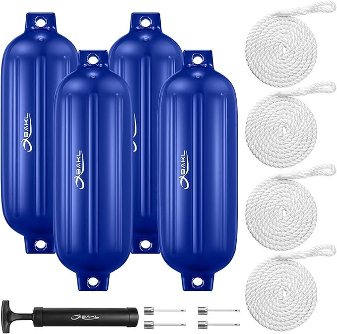 Boat Fenders 4 Pack 8.5 x 27 Inches Ribbed Twin Eyes Boat Fenders Bumpers for Docking, Comes with Ropes and Pump to Inflate