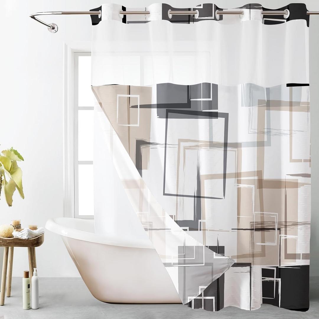 HVEST No Hook Shower Curtain with Snap in Liner, Tan Black and Gray Abstract Geometric Shower Curtain and Liner Set, Washable Hotel Style Modern Minimalist Bathroom Decor, 71x74Inch