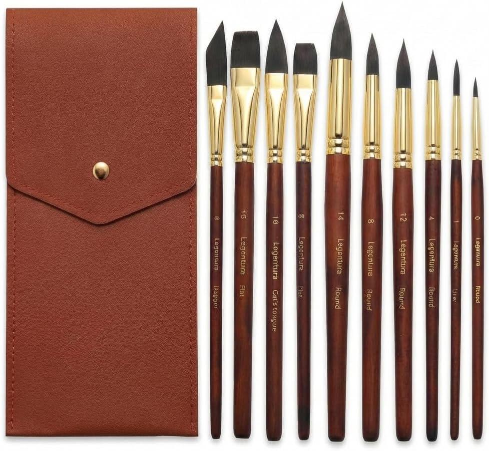 Professional Watercolor Brush Set  10 PCS Synthetic Squirrel Brushes with Leather Case, Short Handles, Round, Liner, Flat, Dagger & Cats Tongue for Water Color, Gouache, Ink & Acrylic