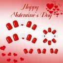 Valentine's Day Press on Nails Short Square Fake Nails with Red Hearts Design Glossy Full Cover Red Glue on Nails Reusable Silver Lines False Nail Cute Acrylic Nail for Women Girls Manicure 24Pcs