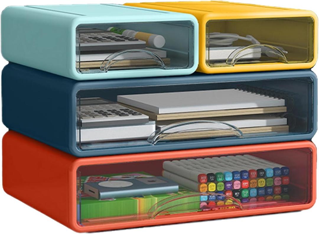 Desk Organizer with Drawers, Stackable Storage Drawers with Compartments Desktop Organization for Office Supplies, Makeup, Pencils, Tape, Erasers, Paperclips, Chargers (2S2M) (Light blue+Yellow+Deep Blue+Orange)