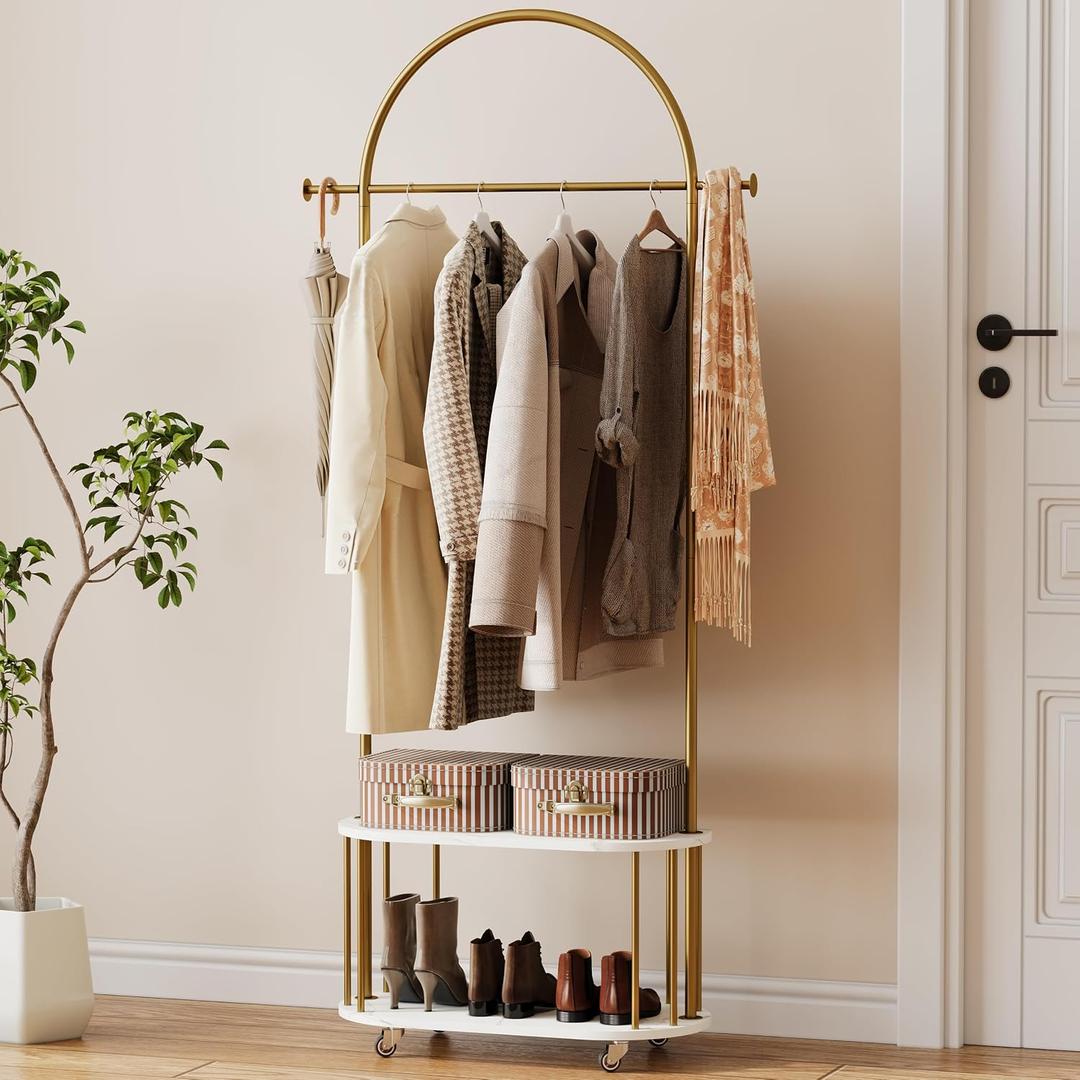 Gold Clothing Rack,Freestanding Coat Rack with Faux Marble shevles,Modem Arch Gold Garment Rack with shoes rack for Small Spaces,Bedroom, Entryway