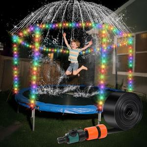 Trampoline Sprinkler with Lights - Trampoline Lights & Water Sprinkler, 16 Colors, Remote Control, Waterproof Trampoline Accessories, Non-Damaging Design, Fits 8-12FT