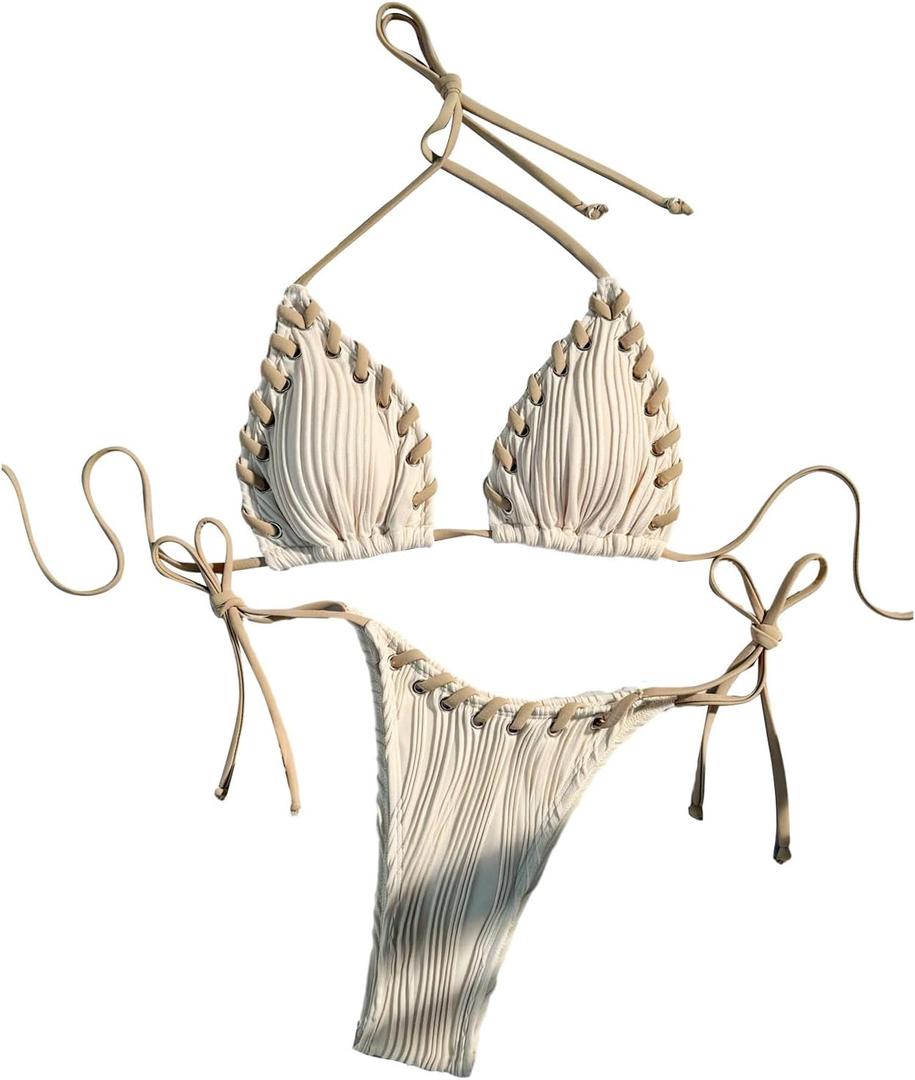 WDIRARA Women's Two Piece Bikini Set Halter Triangle String Bikini Swimsuit (X-Large, Apricot)