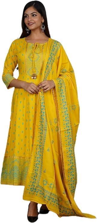 Sayang Cotton Anarkali Indian Kurti for Women Summer Dress Kurta Pant with Dupatta Set (Yellow). L /40