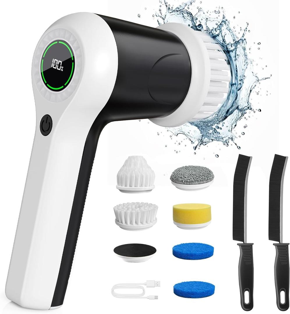 Electric Spin Scrubber, Shower Scrubber with Battery Level Display, Electric Scrubber for Cleaning with 6 Replaceable Heads, Brush for Bathroom/Sink with 2 Crevice Cleaning Brush