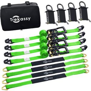 Trekassy Car Tie Down Straps for Trailers with Stake Pocket D Ring, Trailer Ratchet Straps for Car Truck, UTV & More, 10,000lbs Break Strength (Green)