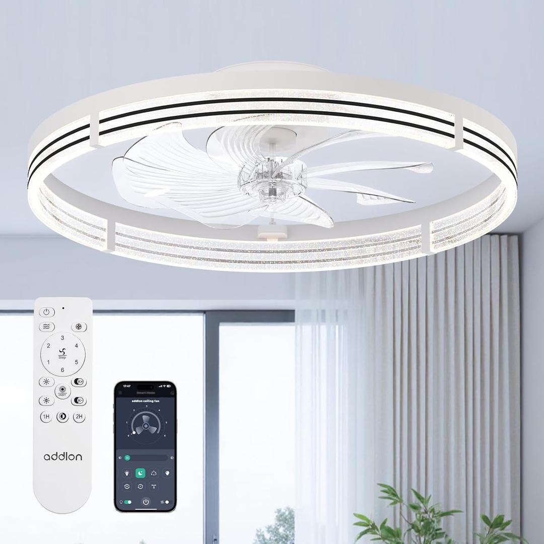 addlon Ceiling Fans with Lights and Remote, 24'' Low Profile Ceiling Fans, 3000-6000K Dimmable Modern Flush Mount LED Fan Light, Fandelier Ceiling Fan for Bedroom, Kitchen, Living Room, White