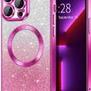 Hython for iPhone 13 Pro Case Clear Magnetic Glitter Phone Cases [Compatible with MagSafe] Full Camera Lens Protector Slim Gradient Sparkle Luxury Plating Shockproof Protective Cover Women, Hot Pink
