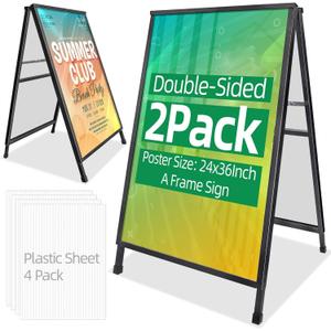 2 Pack Heavy Duty A-Frame Sidewalk Sign 24 x 36 Inch, Portable Double-Sided Sandwich Board Slide-in Folding Metal Signboard with 4 Plastic Poster Boards