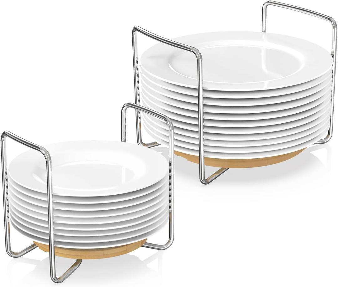 Plate Holder for Kitchen Drawers - Bamboo Dish Racks for Kitchen Counter 2Pcs Small & Large - Adjust 6.75" to 12.5" Stainless Steel Plate and Bowl Organizer for Cabinet, RV, Countertop