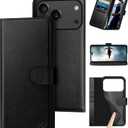 DuckSky Compatible with iPhone 17 Pro 6.3" Genuine Leather Wallet caseRFID Blocking4 Credit Card HolderReal Leather Flip Phone case Cover Women Men for Apple 17 Pro case Black